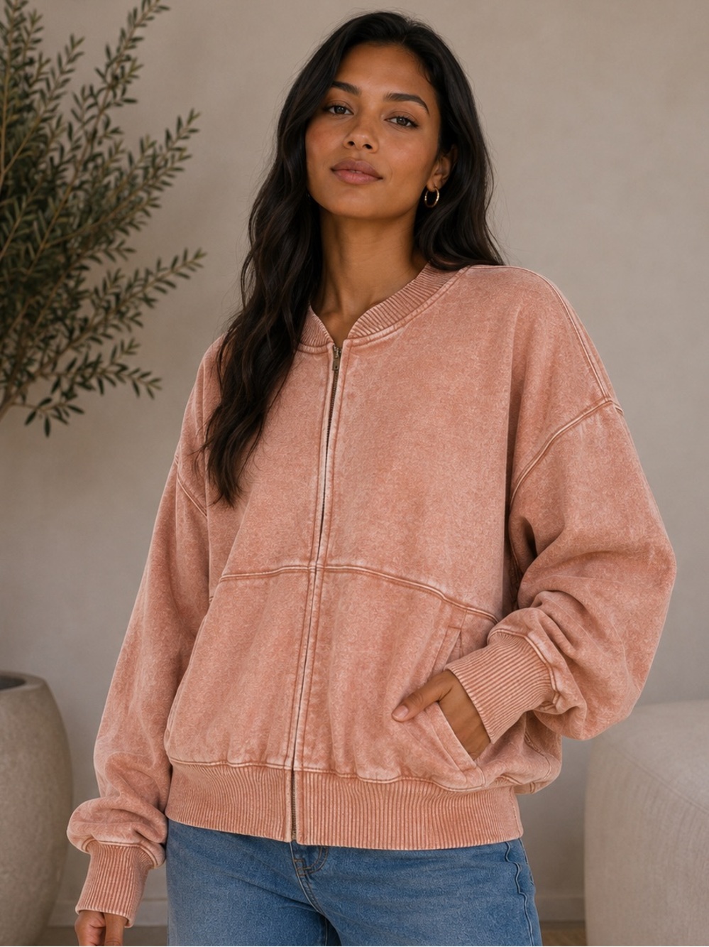 825. Women's Rust Acid Washed Fleece Jacket Front Zip